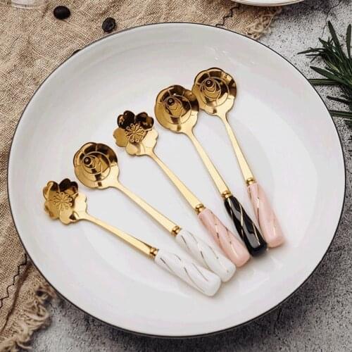 Ceramic Handle Tea Coffee Mixing Spoon Flowers Design Spoon Dessert Stainless Steel Teaspoons Drink Tableware Coffeeware