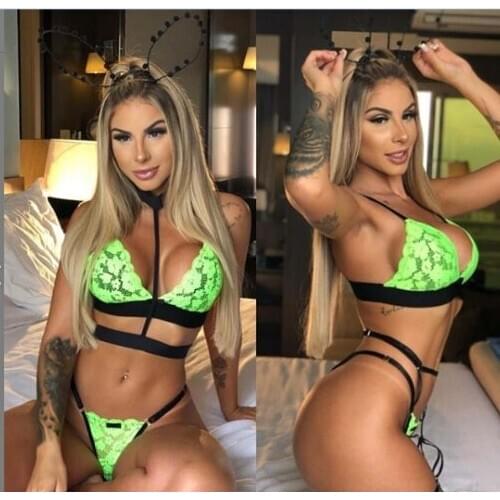 2pcs Set Hot Erotic Sexy Ladies Lace Floral Women Sexy Underwear Bandage Halter Bra Thong Porno Erotica Set