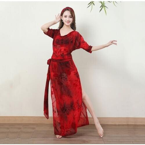 Belly Dance Suit Headscarf+Belt+Robe 3-Piece Set Female Profession Printing Competition Performance Clothing