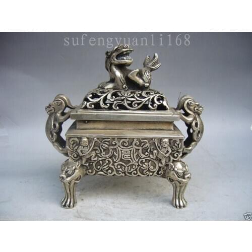 6"Collectible Decorated Old Handwork Tibet Silver Carved Kirin censer Home decoration metal handicraft Incense burner