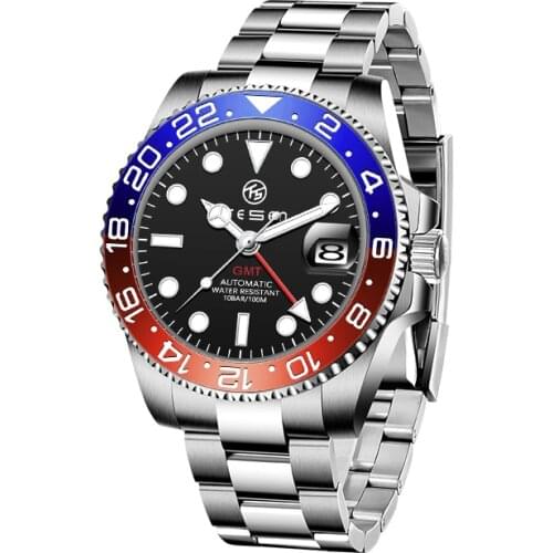 TESEN DESIGN 2021 Luxury Men Mechanical Wristwatch Stainless Steel GMT Watch Top Brand Sapphire Glass Men Watches reloj hombre
