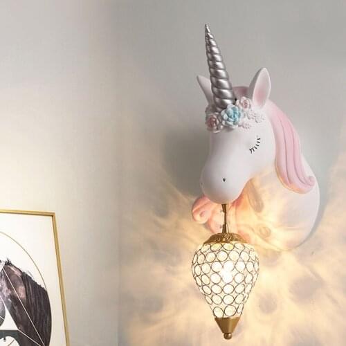 Nordic Ins Resin Unicorn Crystal Wall Lights Creative Children Bedroom Bedside Wall Light Personality Living Room Light Fixtures