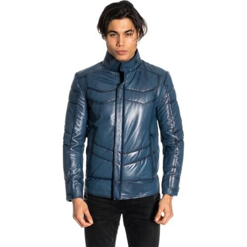 Genuine Soft Leather Handmade Blue Man Jacket Biker Style High Quality Lambskin Metal Zipper Winter Gift For Valentines Day