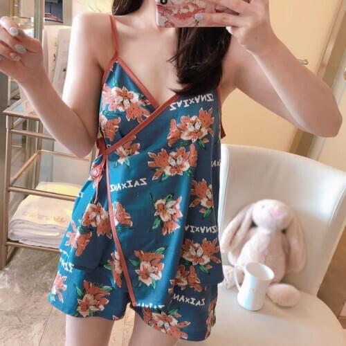 2Pcs Sexy Sleeveless Pajamas For Women Sleepwear Floral Print Vintage Lingerie Set Summer Cotton Pajamas Set