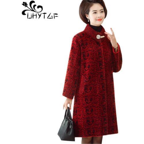 UHYTGF luxury Gold velvet winter fur jacket woman elegant mom long coat Quality faux Mink Cashmere fur coats 4XL plus size 603