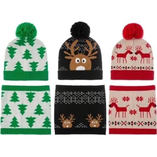 2Pcs Christmas Deer Knitted Baby Hat Circle Scarf Set Winter Warm Beanie Caps Pom Pom Infant Bonnet Cap for Girl Boy 0-4Y Sale