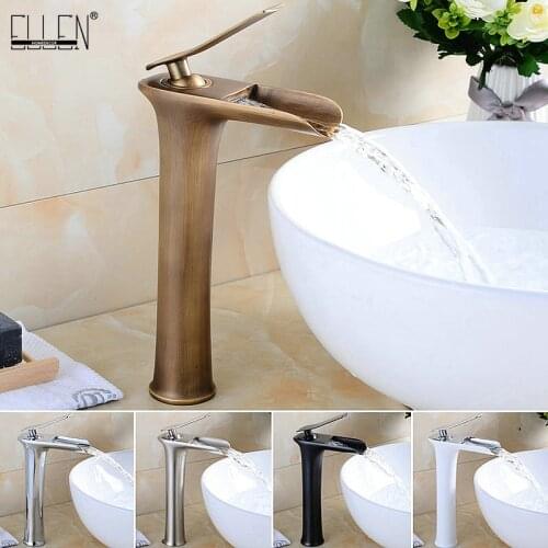 Waterfall Tall Bathroom Sink Faucet Solid Copper Hot and Cold Water Mixer Antique Bronze Black Basin Faucet ELF8900