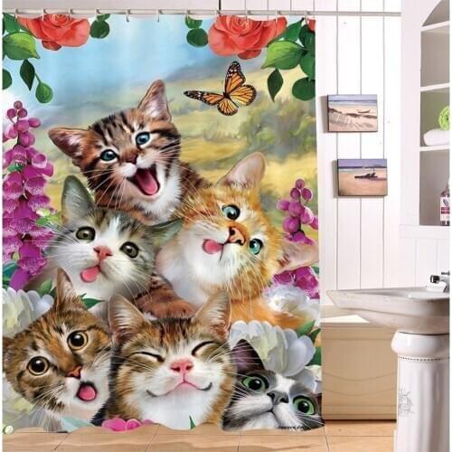 180*180 12 Hooks Waterproof Cute Funny Cats Flower Butterfly Shower Curtain Bathroom Curtains Fabric for Bathtub Home Decor