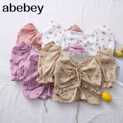 2021 New Spring Summer Women Sweet lace up bow Blouse pleated slim Blouse V-neck floral Puff Sleeve Top