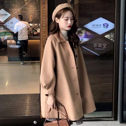 Womens Autumn Spring Woolen Coat Korean Style Fashion Korean Lapel Outwear Single Breasted Long Sleeve Top Solid Loose Jacket