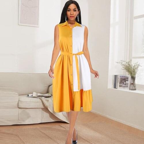 Summer Dress Women Elegant Turn-down Collar Yellow White Patchwork Party Shirt Dress Casual Plus Size Ruffles A-Line With Waist