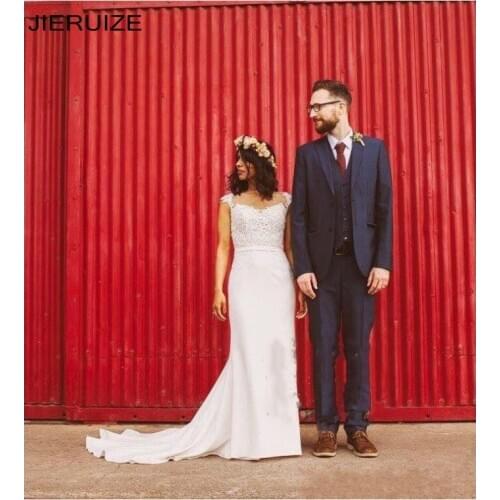 JIERUIZE Elegant Sheath Wedding Dresses Sheer O Neck Cap Sleeve Lace Appliques Button Back Bridal Dresses Vestidos de novia