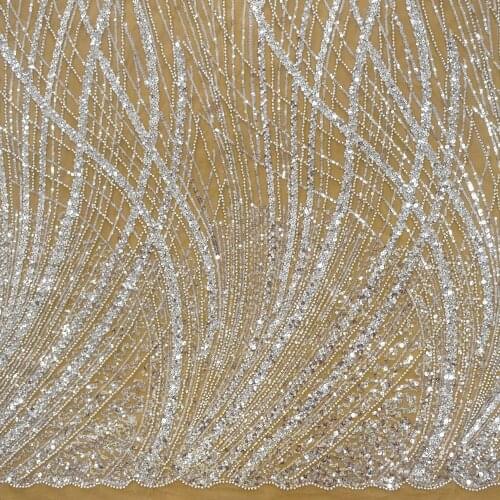 2021 High Quality White Embroidered Fabrics Crystal Sequins Super Sparkle Wedding Gown Lace Mesh African Evening Dress HY1567