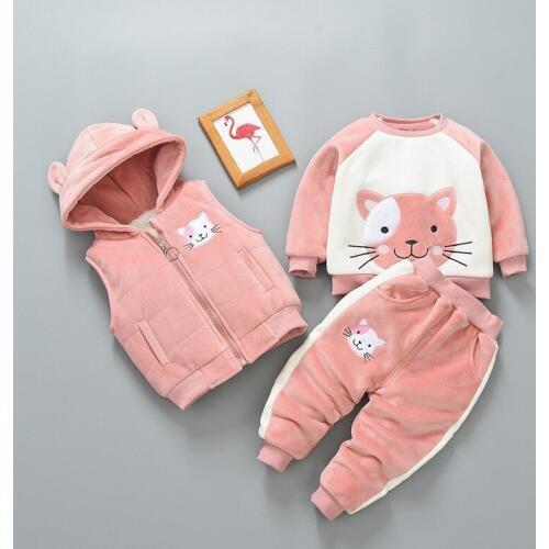 Toddler Boys Clothing Set Girls Plus Velvet Cute Cat Sweatshirt Hooded Vest Thick Pants 3pcs Cashmere Warm Newborn Baby Suits