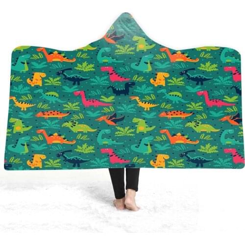 Free shipping Birthday Holiday Gift Adult Kids Sherpa Fleece Warm Hooded Blanket Throw Cute Cartoon Dinosaurs Dino Flowers Trees