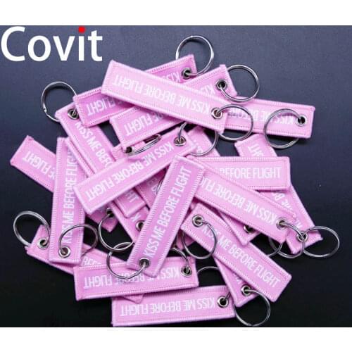 20pcs/lot Size7.7*2cm Keychains Aviation Gift KISS ME BEFORE FLIGHT Warning Men Pendant Duplex Woven label Women Car Key Ring