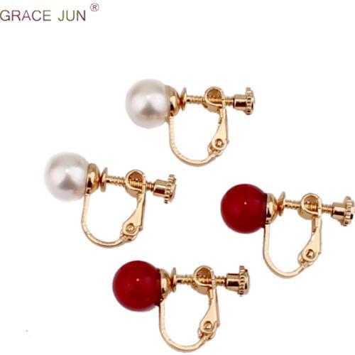 GRACE JUN New Hot Sale Gold Color Screw Clip on Earrings for Women Party Wedding Fashion Luxury No Pierced Earrings Not Allergy