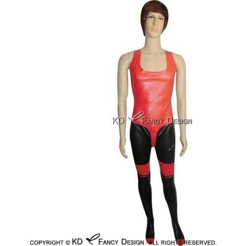 Black With Red Sleeveless Sexy Latex Catsuit Crotch Zipper Rubber Bodysuit Zentai Overall Body Suit LTY-0051