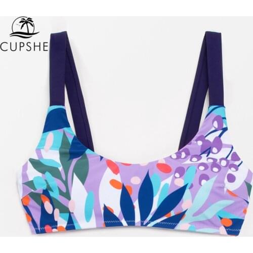 CUPSHE Purple Leafy Tank Bikini Top Only For Women Sexy U-neck Removable Padded Tank Top 2021 Beach Separate Swimsuit Bra Top