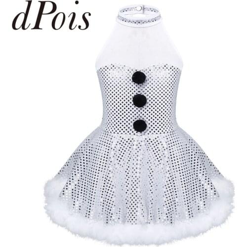 Kids Girls Mesh Splice Shiny Sequins Ballet Dress Ballet Tutu Figure Skating Dress Cosplay Snowman Costume Childrens Dancewear