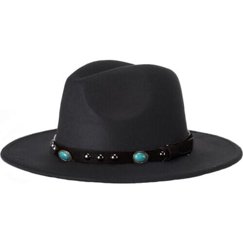 LUCKYLIANJI Retro Women Men Wool Felt Leather Kallaite Ribbon Wide Brim Jazz Panama Fedora Hat Sun Beach Cap (One Size: 57cm)