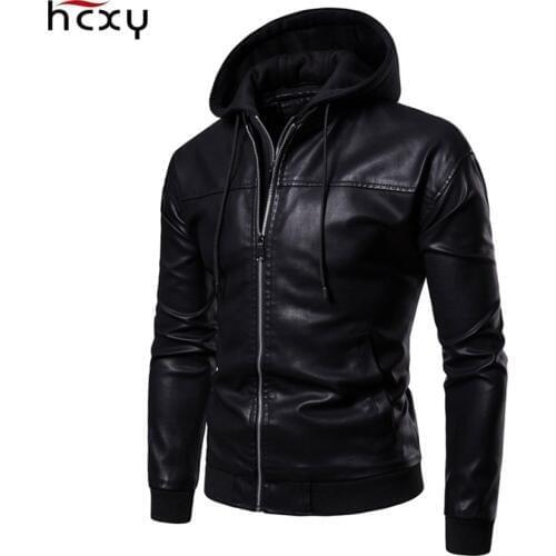 HCXY 2019 Mens Faux leather Coats Jackets Detachable Hooded Fake two pieces Men Warm Outwear Male Moto PU Leather Coat Clothing