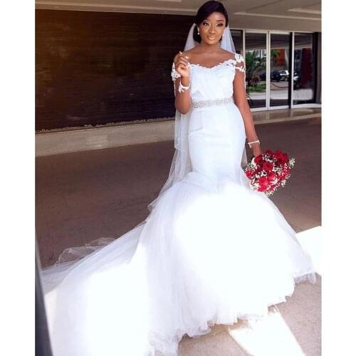 African Mermaid Wedding Dresses Long Sleeve Vestidos De Novia Rhinestone Belt Puffy Bridal Marriage Gowns Garden Robe De Mariee