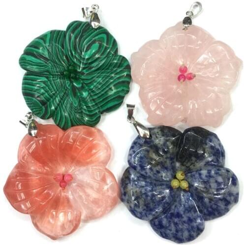 Natural Stone Flower Shape Pendant Crystal Agates Malachite Charm Pendant Making For Jewelry DIY Necklace Accessories Gifts 50mm