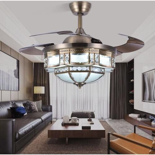 European Style Invisible Ceiling Fan Light Luxury Living Room 42 Inch Green Bronze Led Light Personality Luxury Ceiling Fans