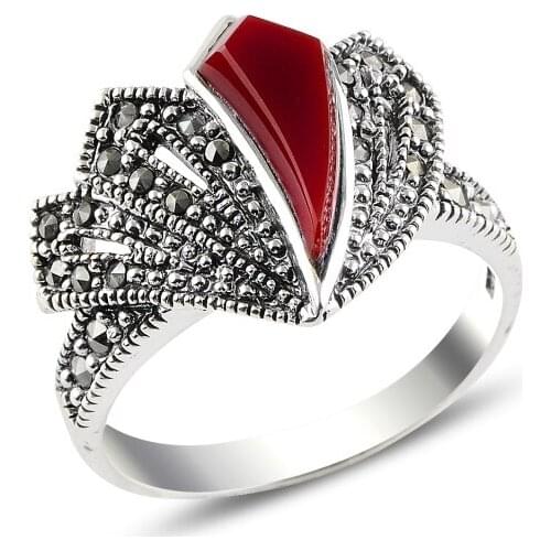 Silver 925 Sterling Red Agate & Marcasite Ring