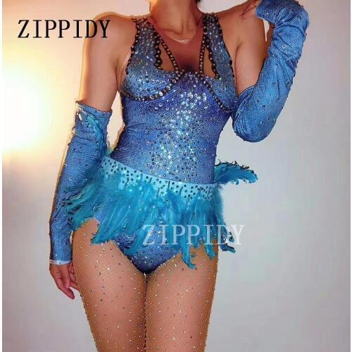 Blue Rhinestones Feather Sexy Bodysuit Nightclub Gogo Dance Dj Singer Gloves Leotard Stage Performance Outfit Costume Stage Wear