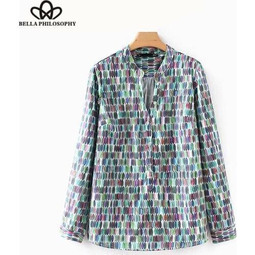 Bella Philosophy autumn vintage stand collar colorful geometric print brand blouses shirt female chic femininas blusas casual