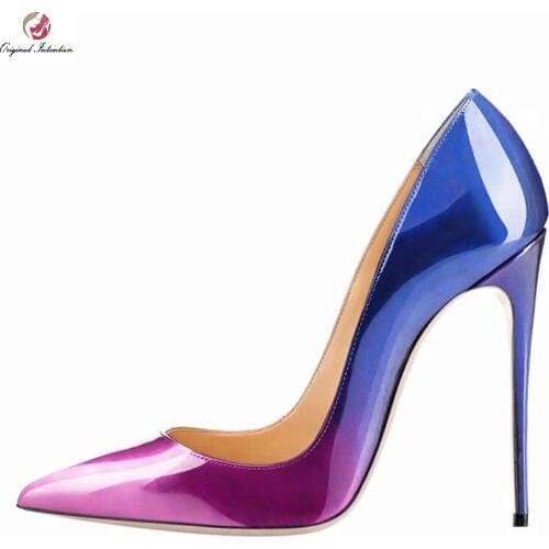 Gradient Color Patent Leather Womens Heels 2020 Spring Summer New Pointed Toe Shallow Sexy Heels Party Shoes Large Size 33-45