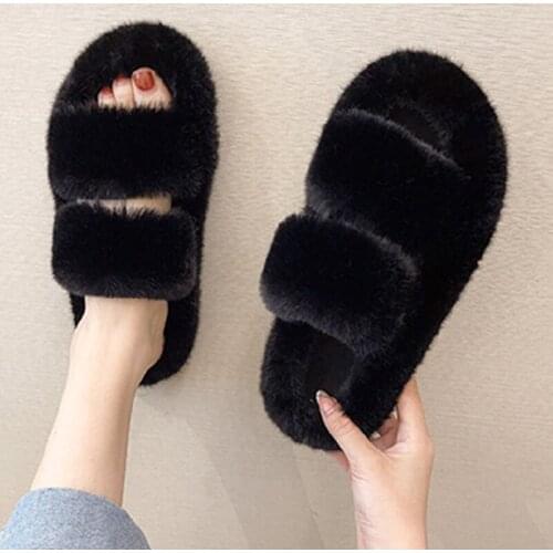 2021 Winter Women Slippers Furry Open Toe Warm Female Plush House Shoes Womens Fashion Comfortable Indoor Bedroom Lady Footwear