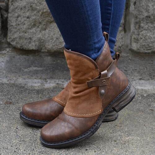 Ladies snow boots 2020 retro patchwork PU leather winter boots plush casual short boots zipper buckle low heel ankle boots