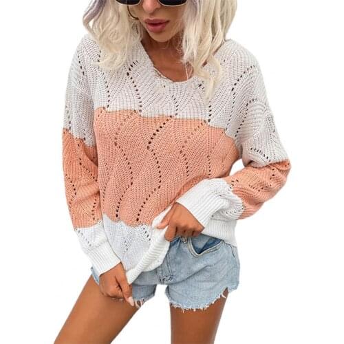 Autumn Women Sweater Plus Size Long Sleeve Color Block Hollow Out Winter O Neck Elegant Knitted Pullovers Tops 2021