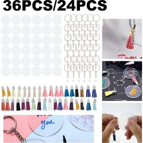 24/36 Pcs Acrylic Blank Keychain Set With Circle Discs Round Key Chains Colorful Tassel Pendant Clear Round Keyring Ornaments