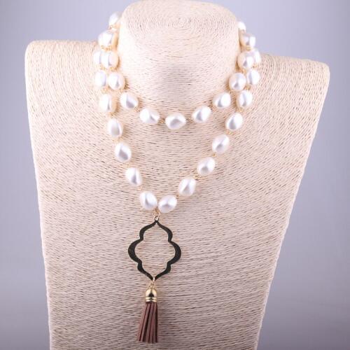 Free Shipping Bohemian Jewelry Pearl And Lip Pendant Brown Tassel Necklace For Women