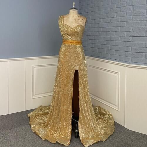 Sparkly Gold Evening Dress Sweetheart One Shoulder Sexy Slit Prom Party Gown In Stock