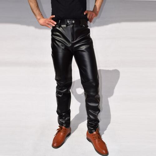 Plus velvet patchwork motorcycle faux leather pants men casual trousers pu feet pants for men fashion slim pantalon homme black