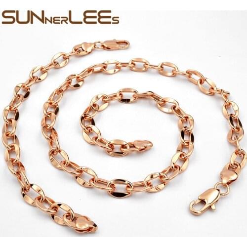 SUNNERLEES Fashion Jewelry Rose Gold Color Necklace Bracelet Set 9mm Smooth Oval Link Chain For Mens Womens Gift C22 S