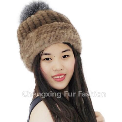 CX-C-239D Russian Real Mink Fur Winter Hat Knitted Mink Fur Beanie Cap with Fox Fur Pom Pom