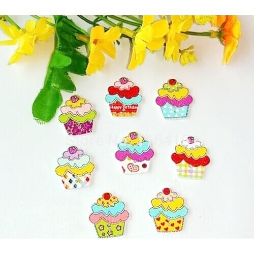 50pcs/lot wood Buttons For Craft Decorative Sewing Button Cake shape Two Holes Flatback Multicolor Printed Painting,22mm x 25mm