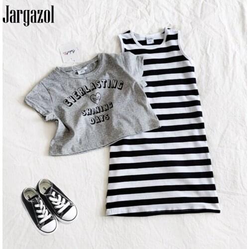 Jargazol Fashion Girl Sets Summer Gray Short-sleeved Letter T-shirt+Striped Vest Dress Kids Casual Cotton Party Toddler Clothes