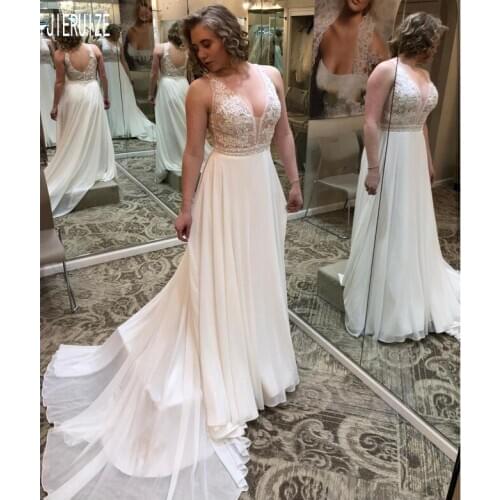 JIERUIZE Romantic A Line Beach Wedding Dresses V Neck Backless With Appliques Sleeveless Chiffon Bridal Gowns robe de mariee