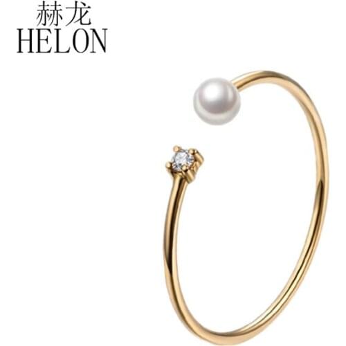 HELON Solid 14k Yellow Gold SI/H Natural Diamond & White FreshWater Pearl Engagement Ring Women Party Fine Jewelry Thin ring