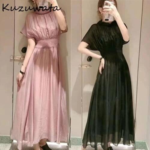 Kuzuwata 2021 Autumn New Fashion Dresses Bownot Ribbon Front Back Two Wear Elastic High Waist Vestidos Japan Style Women Robes