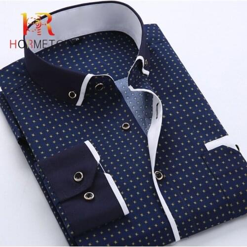 HORMETCI 2019 Printed Plaid Polka Dot Men Shirt Long-Sleeved Casual Shirts For Men Slim Fit Male Dress Shirts Camisas Masculina