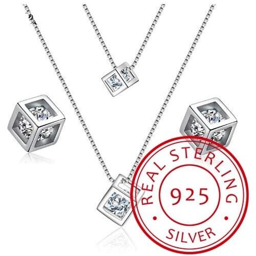 2019 Bijoux New Bridal Jewelry Sets 925 Sterling Silver Layer Choker Necklaces Cubic Zirconia Cubes Box Earrings for Women Gift