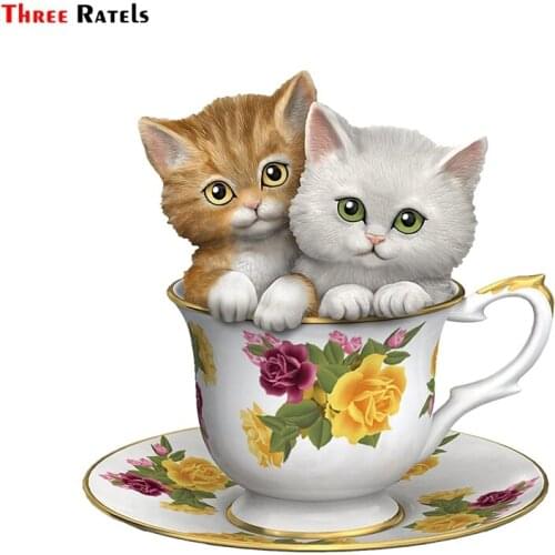 Three Ratels FC119 Cute 3D Kitten Cat Tea Cup Sticker Decal For Car Bike House Wall Living Room Kids Laptop Decor